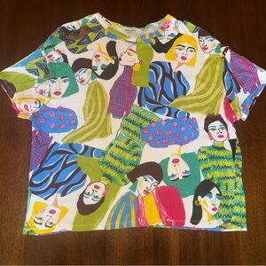 Zara Crop Top Abstract Multicolor Faces Tee Shirt Size Medium